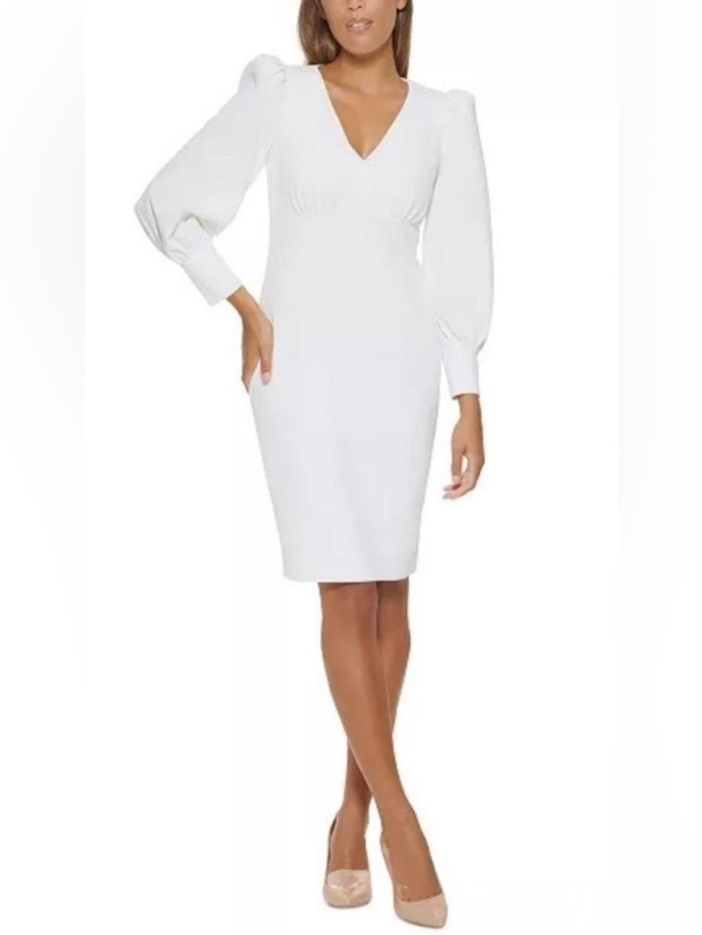 CALVIN KLEIN 🤍WHITE🤍 V-NECK LONG PUFF-SLEEVE MIDI SHEATH DRESS SIZE 12 🌟NWT🌟